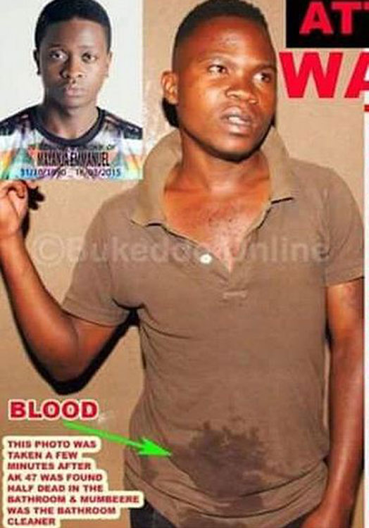 Mumberee in a soaked blood t-shirt after AK47's death.