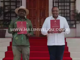 President Uhuru Kenyatta and ODM Leader Raila Odinga holding the BBI Document