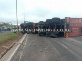 Overturned truck along Langata raod